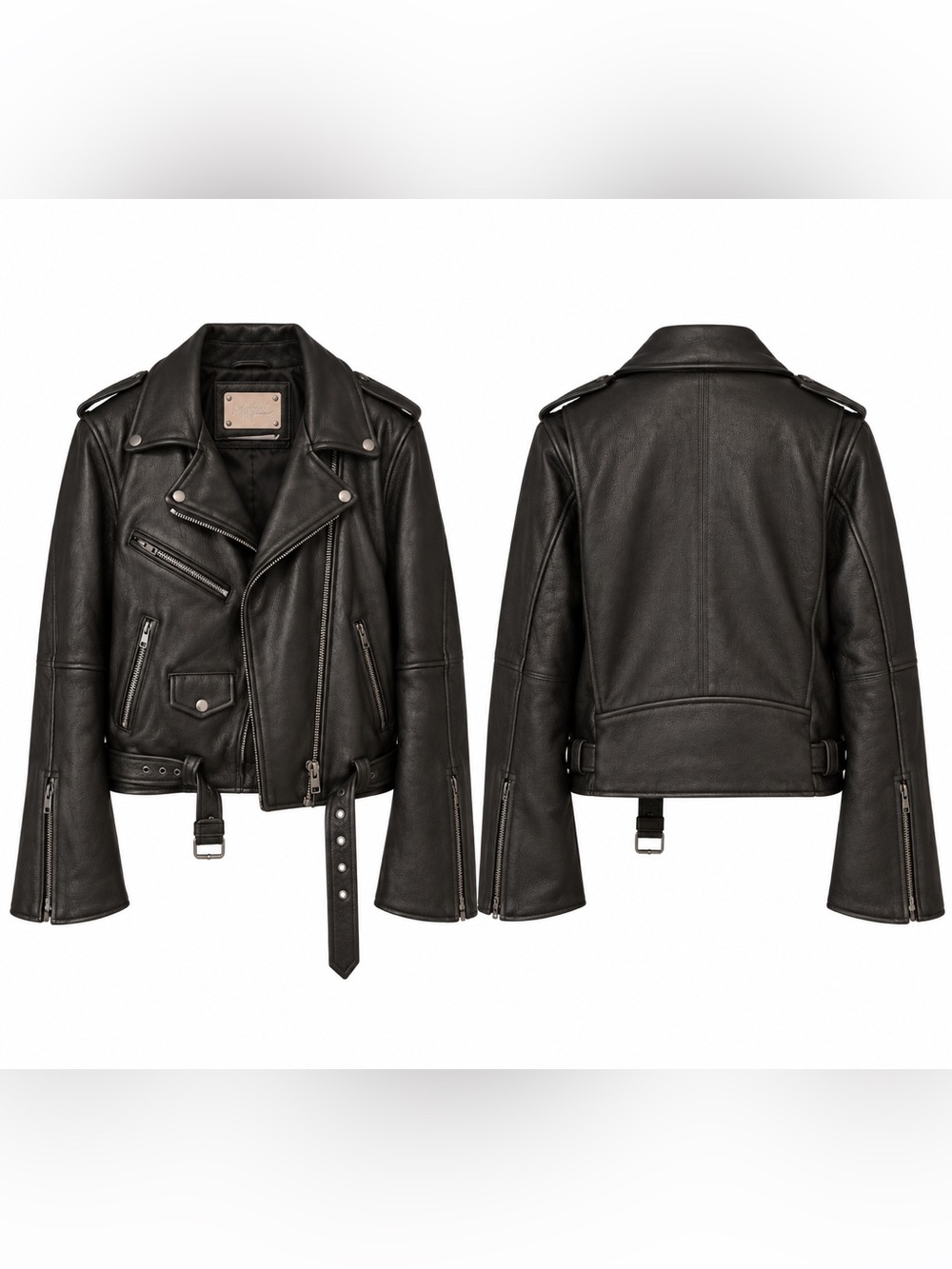 Womens Black Understated Leather Jacket with Belted Waist